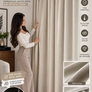 Store Saten Güneşlik Perde Ekru Pilesiz Düz Dikim En x Boy